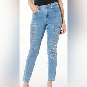 DG2 by Diane Gilman Light Blue Skinny Jeans with Rhinestone Floral Detail 16W